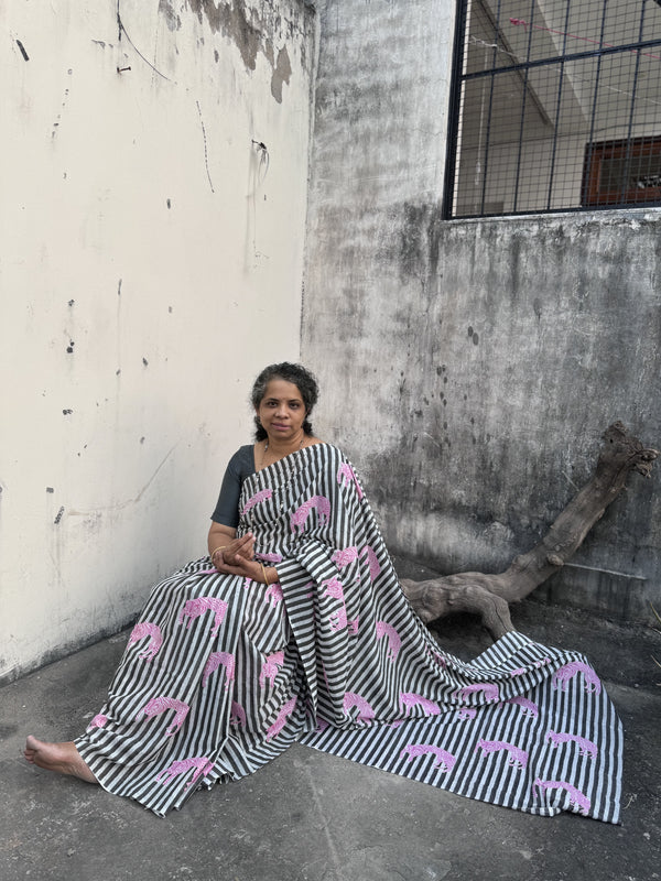 Jungle Theme Pink panther with stripes saree